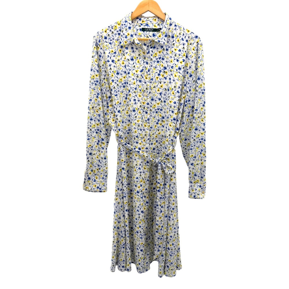 Lauren Ralph Lauren Blue Yellow Floral Midi Shirt Dress 16 Cottagecore Modest